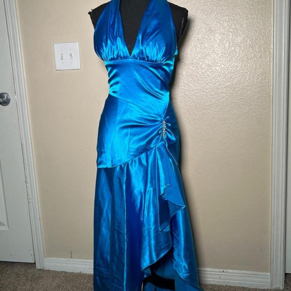 Blonde Nites Blue Satin Halter Maxi Dress Rhinestone Y2K Mermaid Glam Small